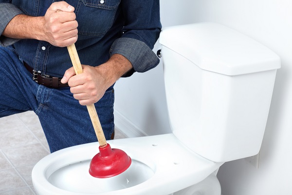 toilet repair by plumber with plunger